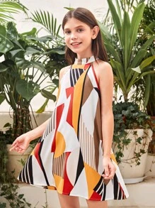 SHEIN Đầm Gái Nút Hình học Chắp vá Boho - Nhiều màu - Xem 3