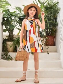SHEIN Đầm Gái Nút Hình học Chắp vá Boho - Nhiều màu - Xem 4