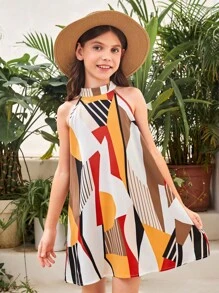 SHEIN Đầm Gái Nút Hình học Chắp vá Boho - Nhiều màu - Xem 6