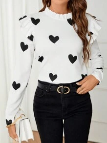 SHEIN Clasi Camiseta con cuello alto con volantes y estampado de corazón