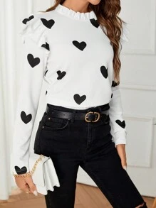SHEIN Clasi Camiseta con cuello alto con volantes y estampado de corazón