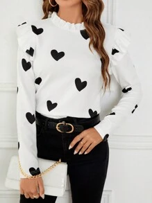 SHEIN Clasi Camiseta con cuello alto con volantes y estampado de corazón