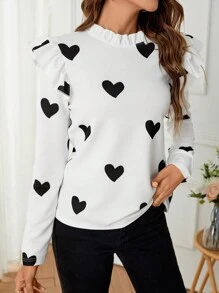 SHEIN Clasi Camiseta con cuello alto con volantes y estampado de corazón