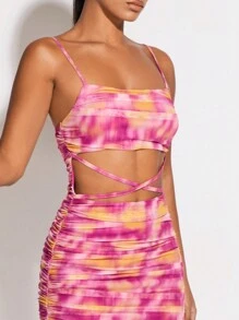 SHEIN BAE 紮染十字交叉褶邊吊帶緊身洋裝 - 彩色 - 查看 7