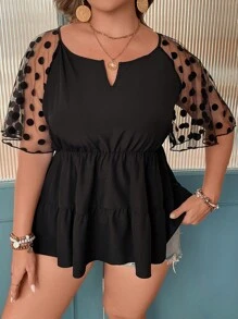 SHEIN Clasi Áo sơ mi Plus Size Tương phản Mesh Viên lá sen màu trơn Giải trí - màu đen - Xem 3