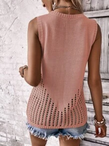 SHEIN LUNE Solid Pointelle Knit Sweater Vest - Dusty Pink - View 2