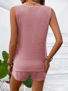 SHEIN LUNE Dệt kim Waffle Áo ba lỗ & Tie Trước Quần short - Hồng - Xem 2