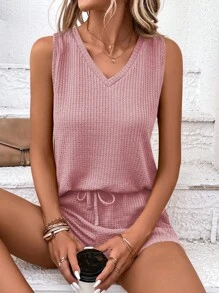 SHEIN LUNE Dệt kim Waffle Áo ba lỗ & Tie Trước Quần short - Hồng - Xem 3