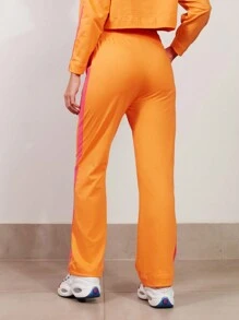 SHE(IN) BRASIL Contrast Side Seam Drop Shoulder Crop Sweatshirt & Drawstring Waist Sweatpants - trái cam - Xem 2