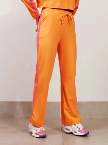 SHE(IN) BRASIL Contrast Side Seam Drop Shoulder Crop Sweatshirt & Drawstring Waist Sweatpants - trái cam - Xem 3