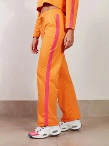 SHE(IN) BRASIL Contrast Side Seam Drop Shoulder Crop Sweatshirt & Drawstring Waist Sweatpants - trái cam - Xem 4