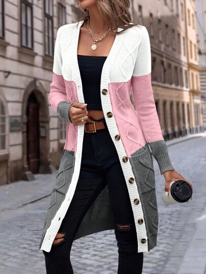EMERY ROSE Color Block Button Front Cardigan,Long Sleeve Tops Fall Winter Cloth For Women