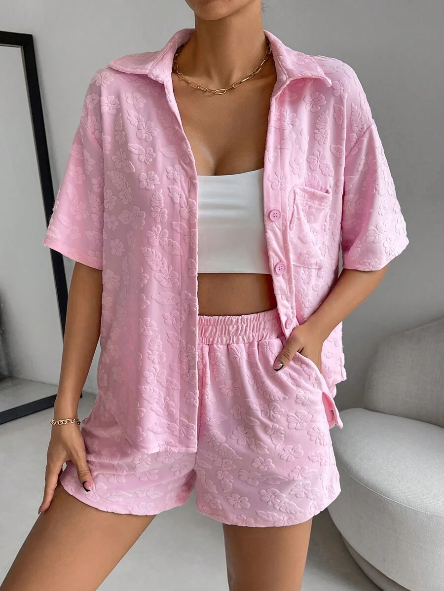 SHEIN Essnce Bộ đồ hai mảnh nữ Túi Nút phía trước màu trơn Giải trí - Hồng - Xem 1