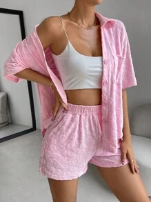 SHEIN Essnce Bộ đồ hai mảnh nữ Túi Nút phía trước màu trơn Giải trí - Hồng - Xem 3