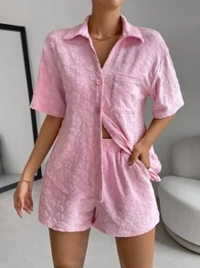 SHEIN Essnce Bộ đồ hai mảnh nữ Túi Nút phía trước màu trơn Giải trí - Hồng - Xem 5