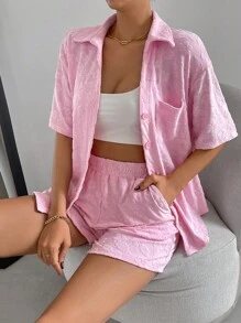 SHEIN Essnce Bộ đồ hai mảnh nữ Túi Nút phía trước màu trơn Giải trí - Hồng - Xem 6