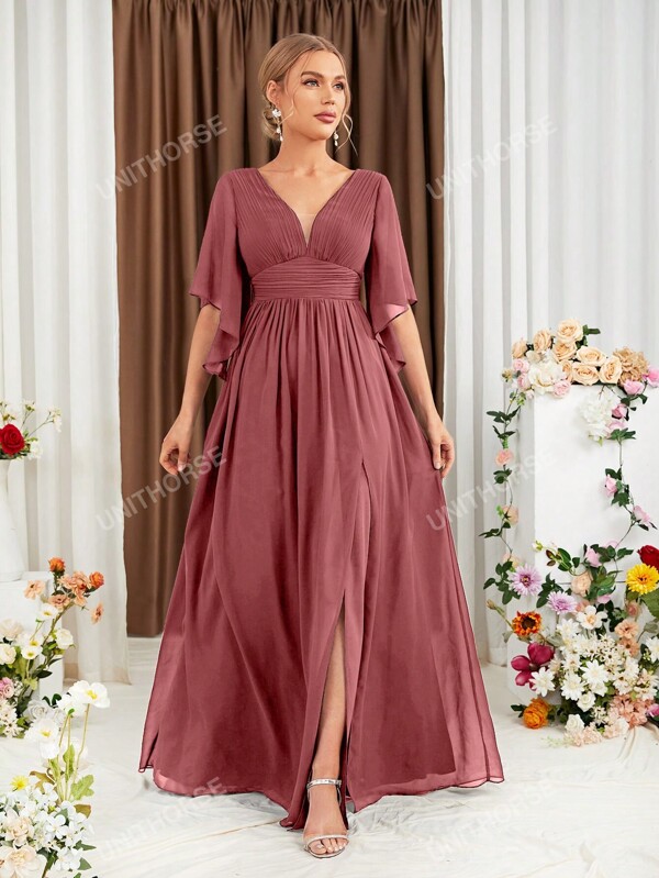 Butterfly Sleeve Split Thigh Chiffon Bridesmaid Dress Elegant Dress, Bride Dress, Birthday Women Outfits, Graduation Dress, Formal Dress