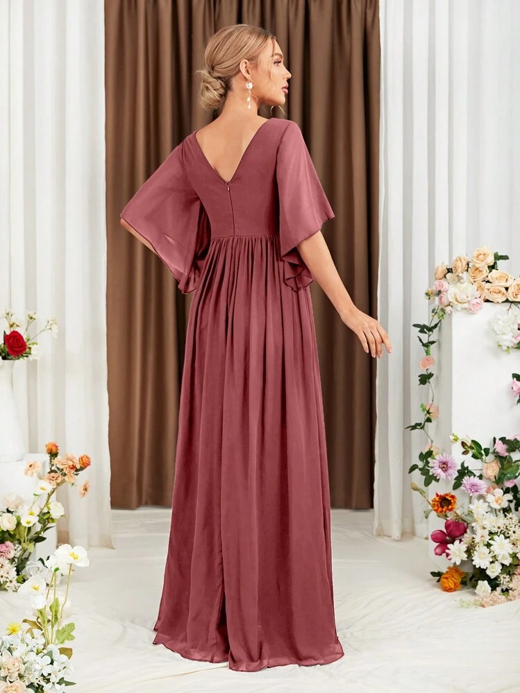 Vestido de Dama de Honra de Chiffon com Fenda na Coxa e Manga Borboleta, Vestido Elegante, Vestido de Noiva, Vestido de Aniversário para Senhoras, Vestido de Formatura, Vestido de Festa de Casamento na Primavera - Marsala - Visão 2