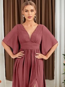 Vestido de dama de honor con mangas de mariposa y abertura en el muslo de gasa, vestido elegante, vestido de novia, atuendo de cumpleaños para mujer, vestido de graduación, vestido de etiqueta