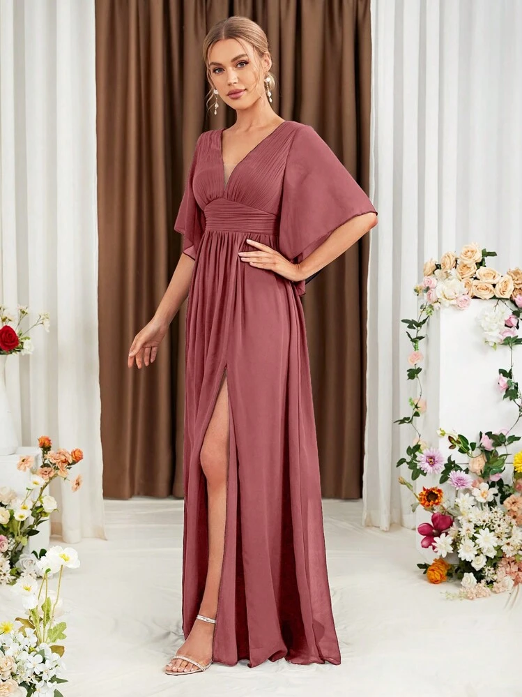 Vestido de Dama de Honra de Chiffon com Fenda na Coxa e Manga Borboleta, Vestido Elegante, Vestido de Noiva, Vestido de Aniversário para Senhoras, Vestido de Formatura, Vestido de Festa de Casamento na Primavera - Marsala - Visão 4