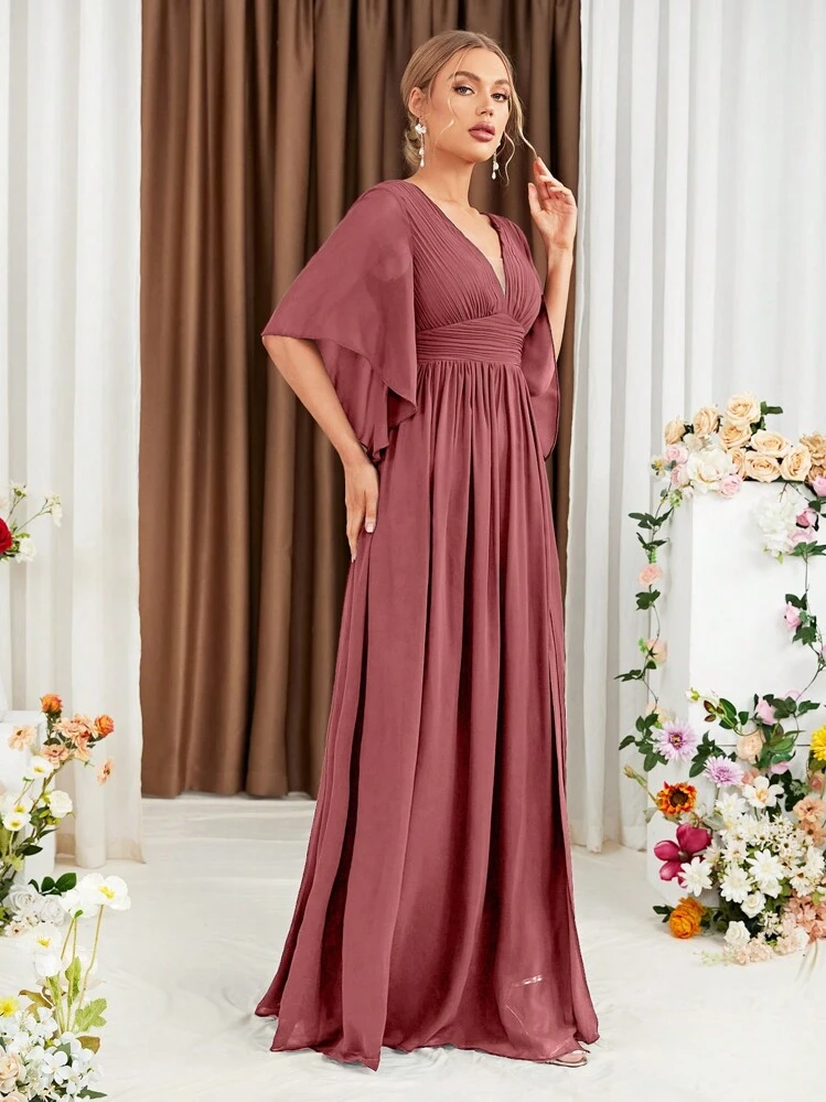 Vestido de Dama de Honra de Chiffon com Fenda na Coxa e Manga Borboleta, Vestido Elegante, Vestido de Noiva, Vestido de Aniversário para Senhoras, Vestido de Formatura, Vestido de Festa de Casamento na Primavera - Marsala - Visão 5