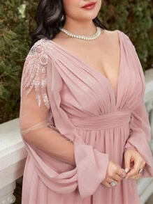 大碼深V領燈籠袖高衩雪紡伴娘連衣裙 - 藕粉色 - 查看 5