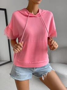 SHEIN Essnce Quần áo thể thao nữ Tương phản Mesh Dây kéo Túi màu trơn Giải trí - Hồng - Xem 5