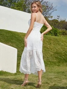 Eilly Bazar Ruffle Hem Eyelet Embroidery Cami Dress - White - View 2