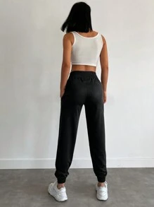 EURMUSE Solid Elastic Waist Slant Pocket Joggers - Black - View 2