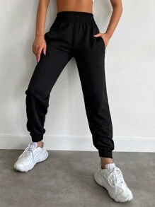 EURMUSE Solid Elastic Waist Slant Pocket Joggers - Black - View 3