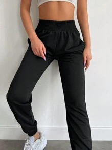 EURMUSE Solid Elastic Waist Slant Pocket Joggers - Black - View 4