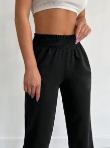 EURMUSE Solid Elastic Waist Slant Pocket Joggers - Black - View 5