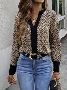 Lucivie 滿版印花缺口領拼接邊襯衫 - 棕色 - 查看 1