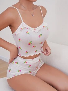 Floral Print Lettuce Trim PJ Set - White - View 4