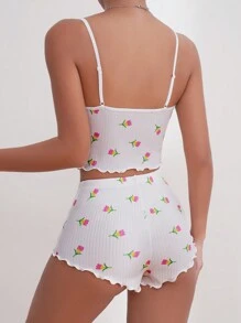 Floral Print Lettuce Trim PJ Set - White - View 2