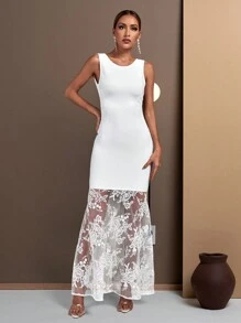 Contrast Lace Sleeveless Dress - White - View 1