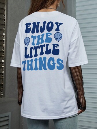 Street Life Oversized T-Shirt mit Cartoon-Gesichts-Grafik und Spruchaufdruck "ENJOY THE LITTLE THINGS", für Schule, unisex