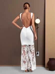 Contrast Lace Sleeveless Dress - White - View 2