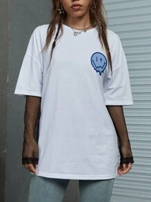 ROMWE Street Life Áo thun in hình mặt hoạt hình Slogan cỡ lớn có in hình ENJOY THE LITTLE THINGS, dành cho trường học, dành cho cả nam và nữ - trắng - Xem 2