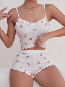 Floral Print Lettuce Trim PJ Set - White - View 1