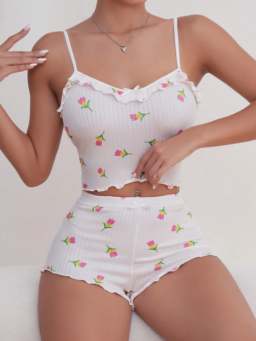 Floral Print Lettuce Trim PJ Set - White - View 1