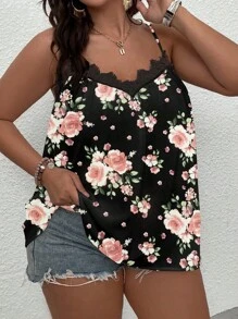 SHEIN LUNE Plus Floral Print Guipure Lace Panel Cami Top - Black - View 1