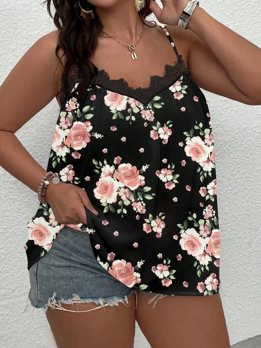 SHEIN LUNE Plus Floral Print Guipure Lace Panel Cami Top - Black - View 1