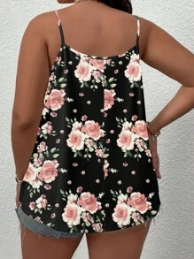 SHEIN LUNE Plus Floral Print Guipure Lace Panel Cami Top - Black - View 2