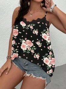 SHEIN LUNE Plus Floral Print Guipure Lace Panel Cami Top - Black - View 3