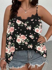 SHEIN LUNE Plus Floral Print Guipure Lace Panel Cami Top - Black - View 4