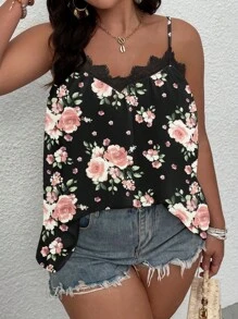 SHEIN LUNE Plus Floral Print Guipure Lace Panel Cami Top - Black - View 5