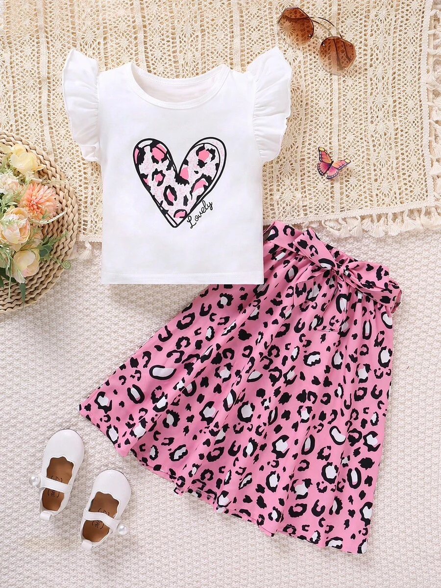 Bộ thời trang bé gái Thắt lưng Xù Tim In hoa Báo Dễ thương - Nhiều màu - Xem 1