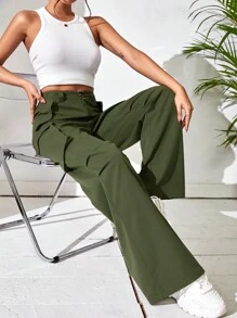 Flirla 側翻蓋口袋工裝褲 - 軍綠色 - 查看 5