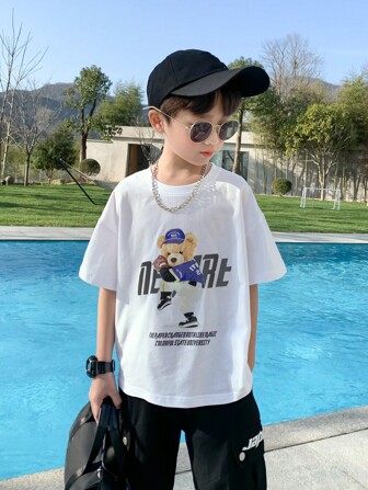 zosee Kleinkind Jungen Drop Shoulder T-Shirt mit Buchstabe & Bär Muster,